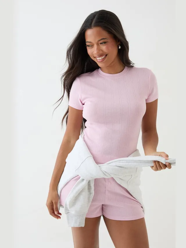 DSGN Studio Dames Dsgn Studio Pointelle Getailleerd T-shirt Lichtroze