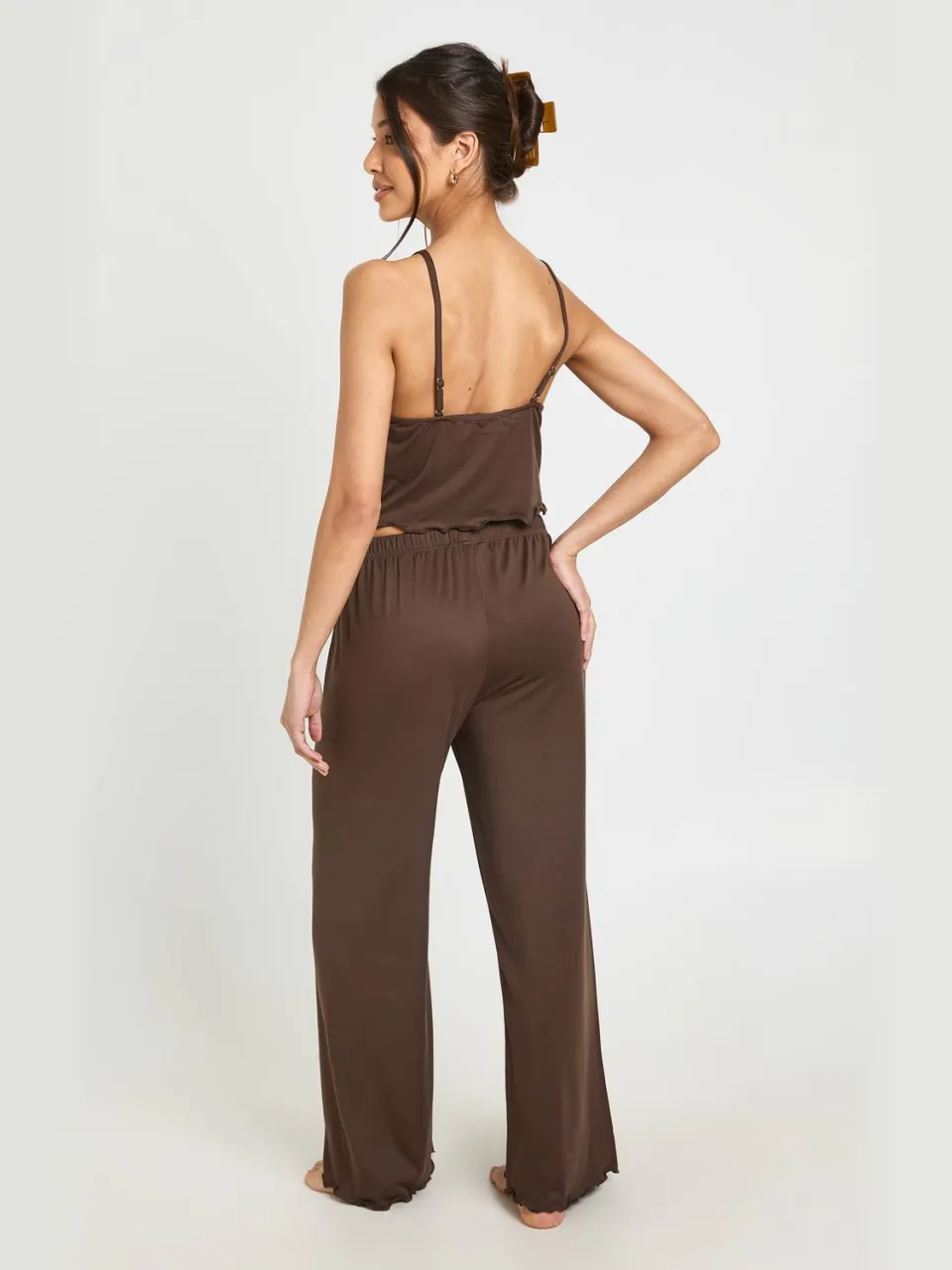 boohoo Dames Jersey Pyjama Set Met Kanten Rand Cami & Broek chocoladebruin, foto 3