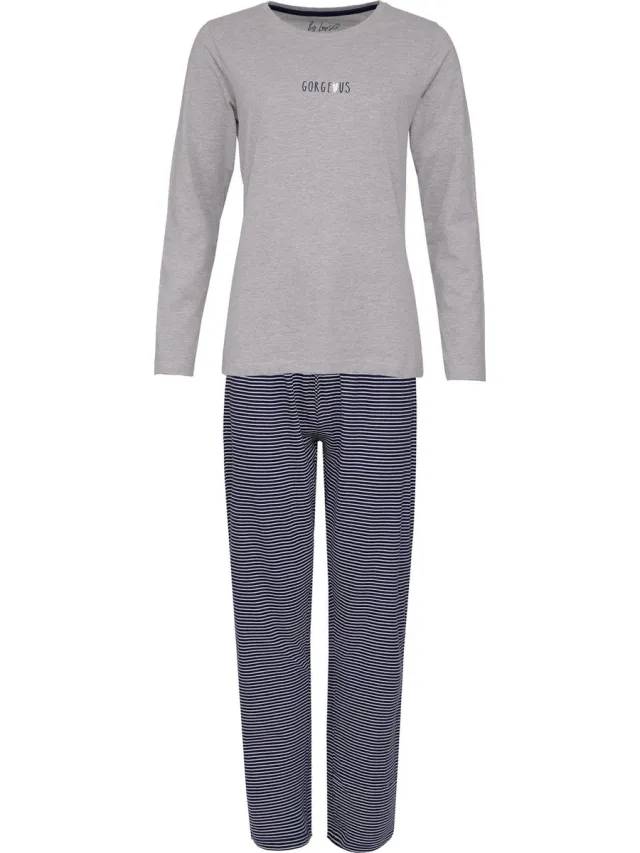 By Louise Dames Pyjama Set Lang Katoen Grijs / Donkerblauw Gestreept