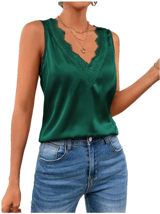 Currero Top Met Kant Dames - Topje - Kleding - Shirt - Blouse - Kort - Volwassen - Groen