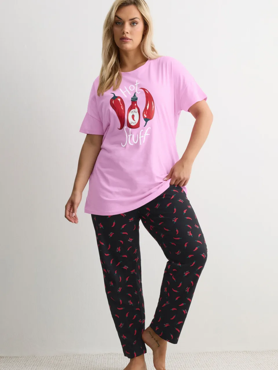 Yours Roze Hot Stuff Wijde Gestreepte Pyjama Set-44 Pink