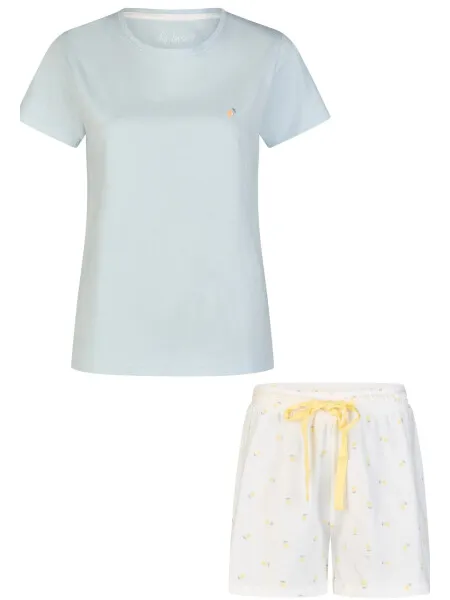 By Louise Dames shortama korte pyjama set geprint blauw/wit gestipt Veelkleurig