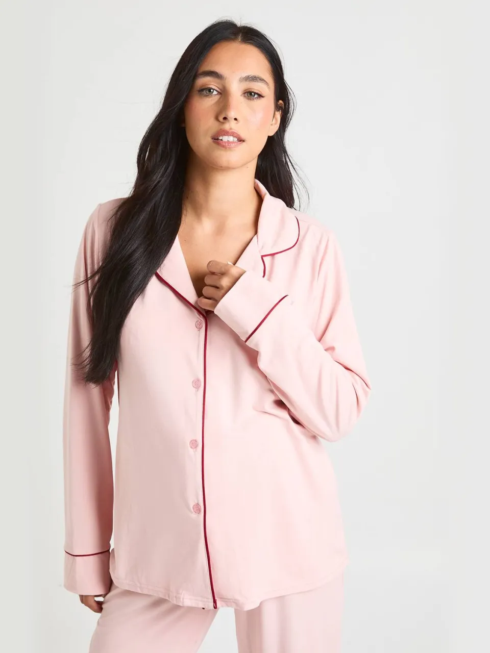 boohoo Dames Zwangerschaps-pijpdetail pyjamasset met langarm shirt & broek roze, foto 4