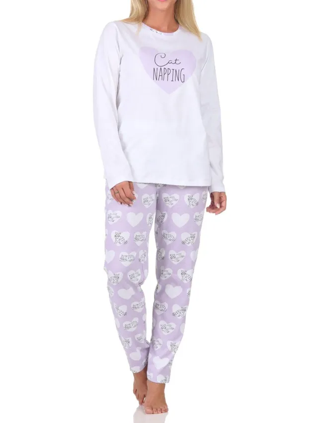 Normann dames pyjama met lange mouwen en hart- en kattenmotief lila
