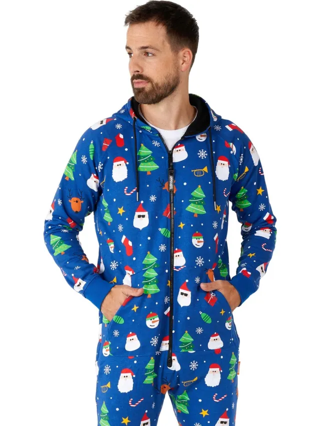 OppoSuits Festivity Blue - Onesie Unisex - Kerst Onesie - Kerst print - Blauw