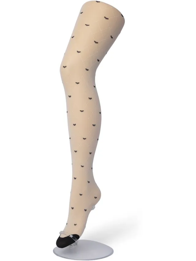Bonnie Doon Dames Hartjes Panty 30 Denier Off White - Hartjes en Ruitjes - Chique Panty - Hart Dessin - Brede Boord - Comfort - Geruite Print - Little Hearts Tights - Feestelijk - Gebroken Wit - Ecru - Crème - Ivory - BP201905.250