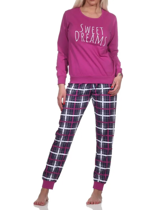 Normann damespyjama met lange mouwen en geruite jersey broek beere