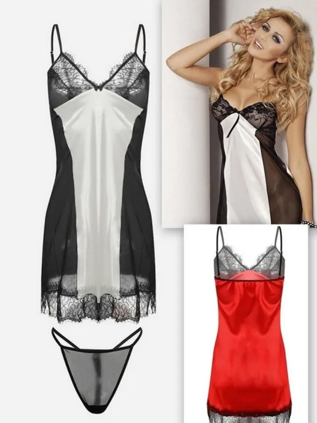 DKaren Verleidelijke satijnen chemise met string - kort sexy nachthemd met kant - slipdress met transparante tule - DKaren Delia- licht ecru/ zwart