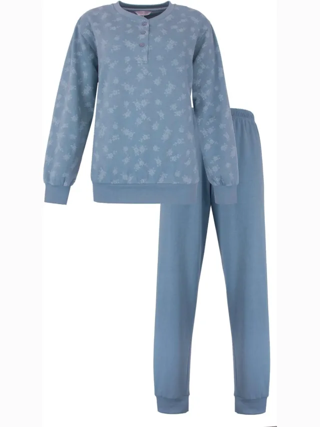 Tenderness Dames Pyjama - Fleece - Lange Mouwen - Denim Blauw Licht blauw
