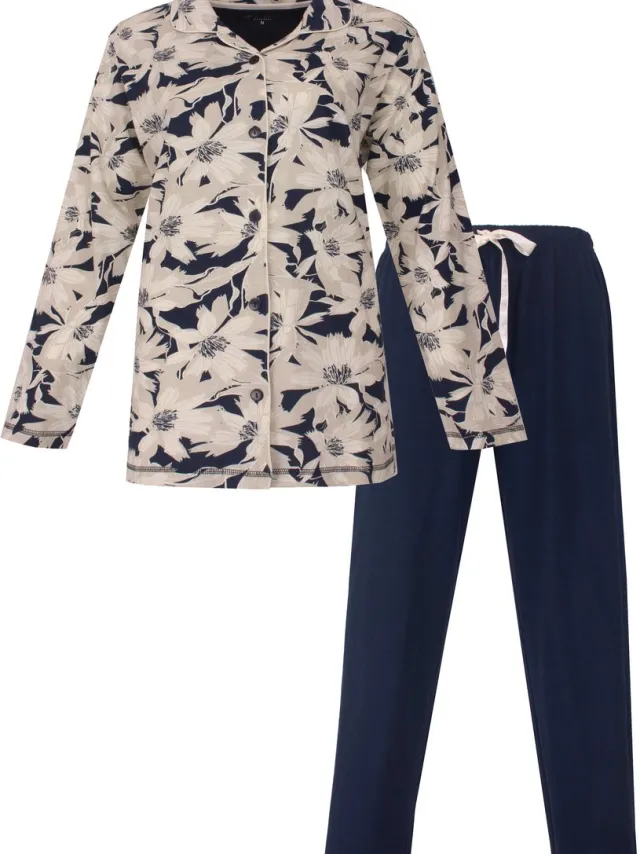 Medaillon Dames Pyjama - Doorknoop - Katoen - Donker Blauw Donkerblauw