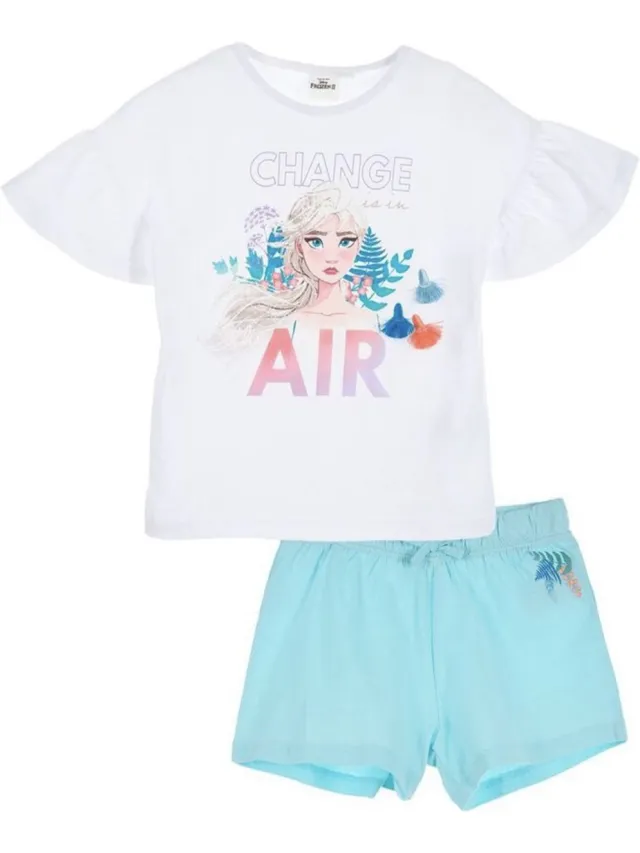 Disney Frozen Set / Pyjama / Shortama - Biologisch Katoen - Wit/Lichtblauw - maat 110 (5 jaar)