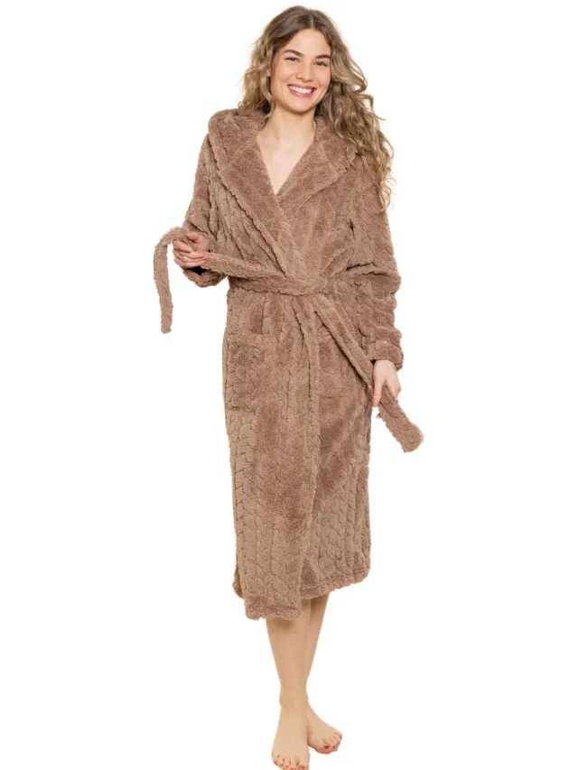 Charlie Choe - Limited Collections Badjas dames - 100 % zacht fleece - lang model - teddy badjas - luxe dames badjas met grote capuchon - trendy ochtendjas - taupe - Charlie Choe