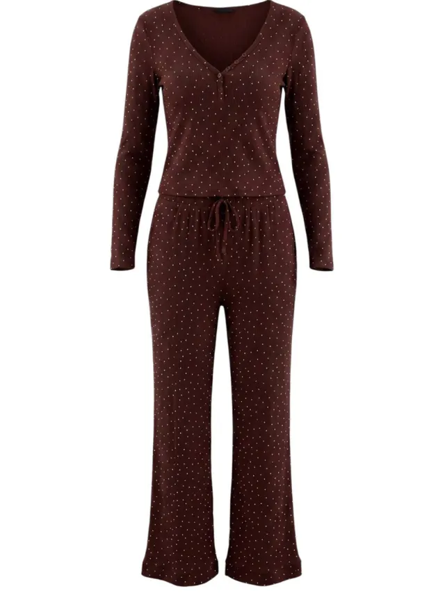 Trendyol TRENDYOLMİLLA Dames 2-pack Bruin Gestippeld Lang Loungewear Regular fit Pyjama- Sets