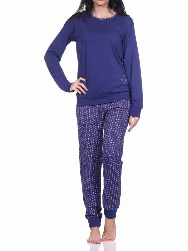 Normann Damespyjama met lange mouwen, manchetten en allover bedrukte broek - 222 201 10 781 navy