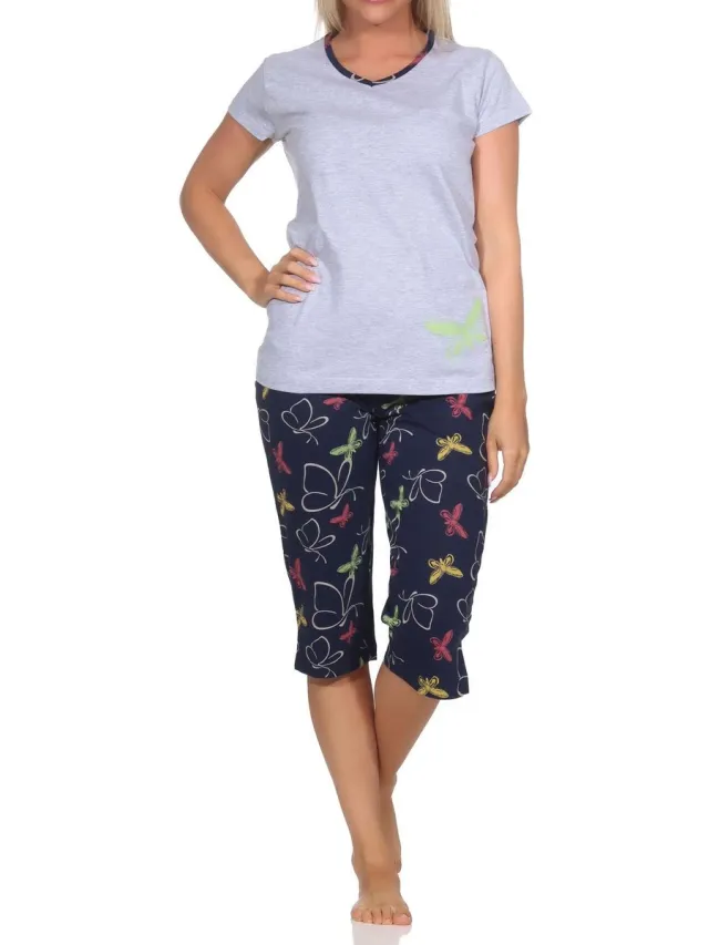 Normann dames capri pyjama met korte mouwen en vlindermotief - ook in grote maten grau-mel.