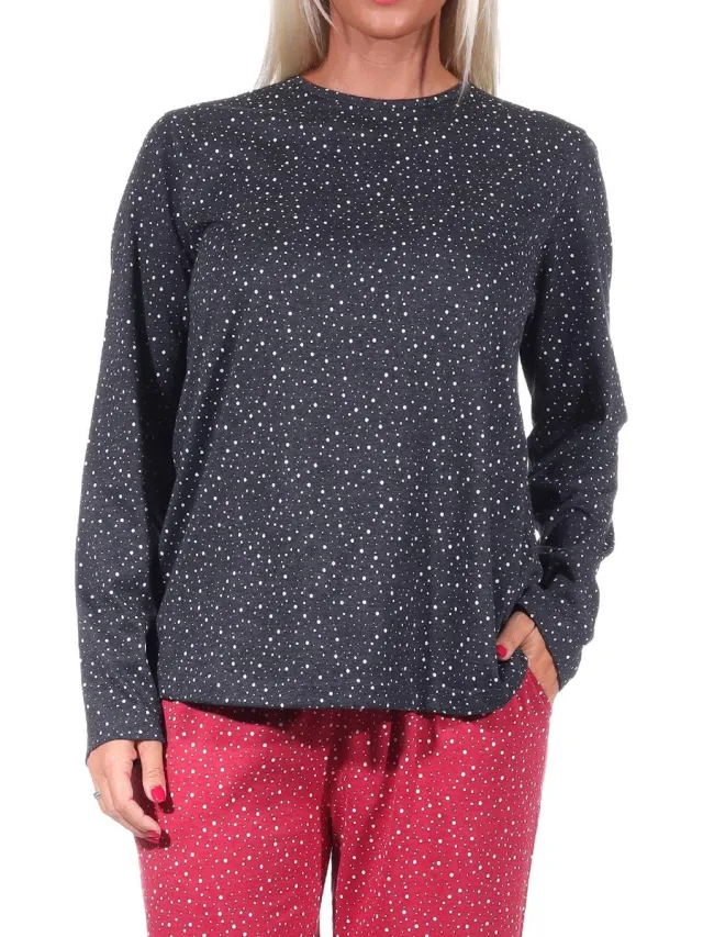 Normann Dames pyjamashirt lange mouw mix & match in polka dots / stippen look - 212 219 90 902 anthrazit