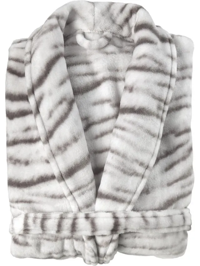Zohome Siberian White Tiger Badjas Lang - Flanel Fleece - Grey - Badjas Dames - Badjas Heren Grijs