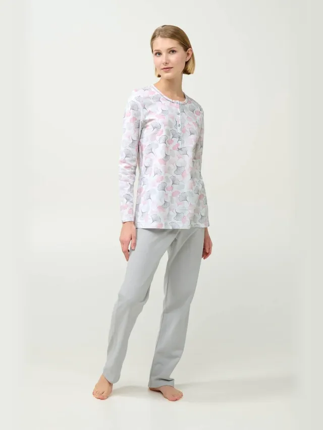 Vamp! Vamp - Dames pyjama katoen met pastelblad print en knoopsluiting Silver Grey