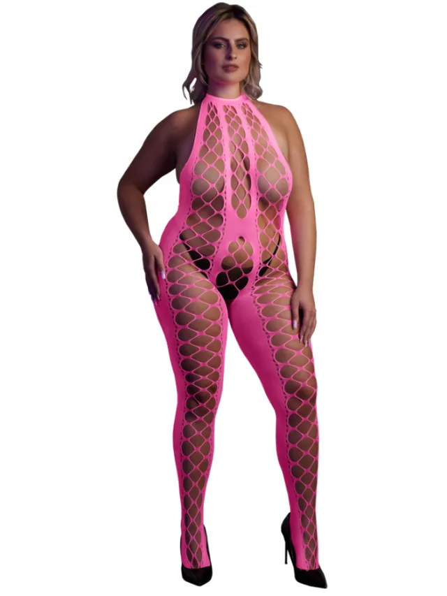 Ouch! by Shots Bodystocking met Halterneck - Plus Size - Neon Roze