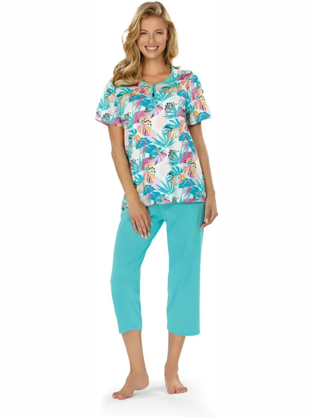 Comtessa Ascafa Capri Pyjama 'Colorful Palms' - Dames Nachtmode - Korte Mouw - Katoen Turquoise
