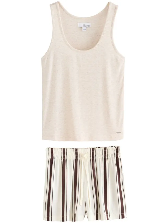 Next Dames - Studio pyjama van geribbeld hemdje met racerback en short - Crème Cream/ Chocolate Brown Stripe