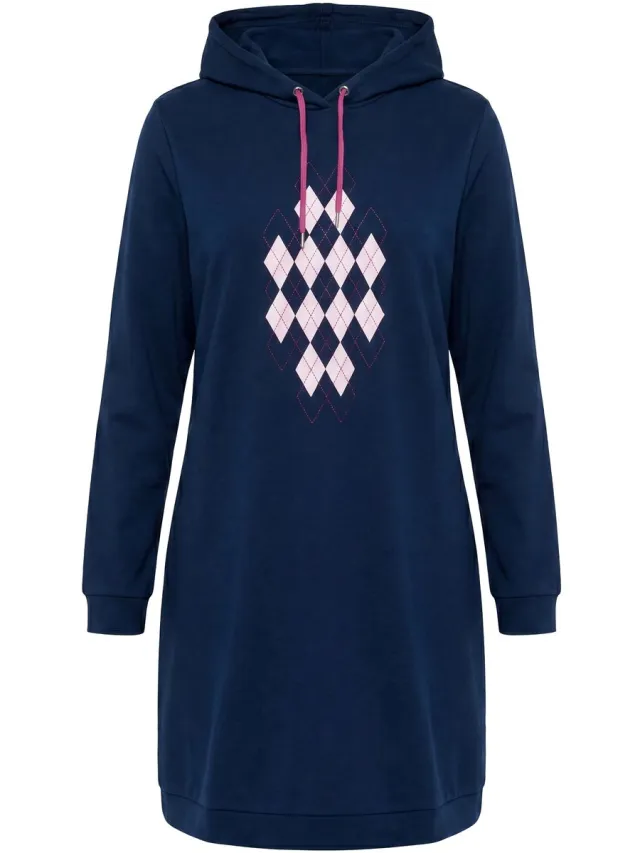 Ulla Popken Dames - Loungewear-jurk ruitmotief capuchon lange mouwen - Nachtblauw - Maat 42+