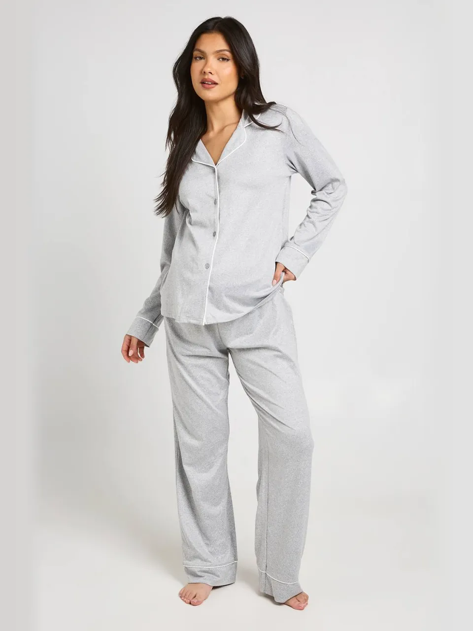 boohoo Dames Zwangerschapspyjama Met Pijpdetail, Shirt Met Lange Mouwen En Broek grijze mergel, foto 3