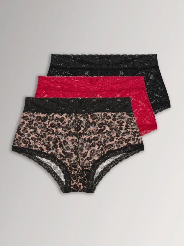 Yours Set Van Drie Paar Tailleslips Met Luipaardprint En Kant In Zwart/Rood-68 Red