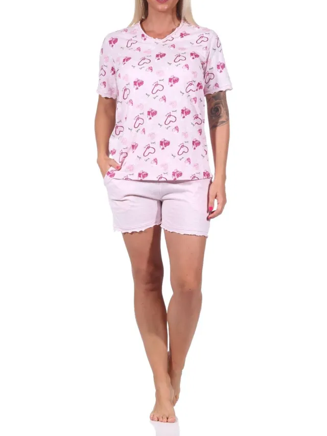 Normann Dames shorty pyjama's met korte mouwen in hartje en allure look - ook in oversized rosa