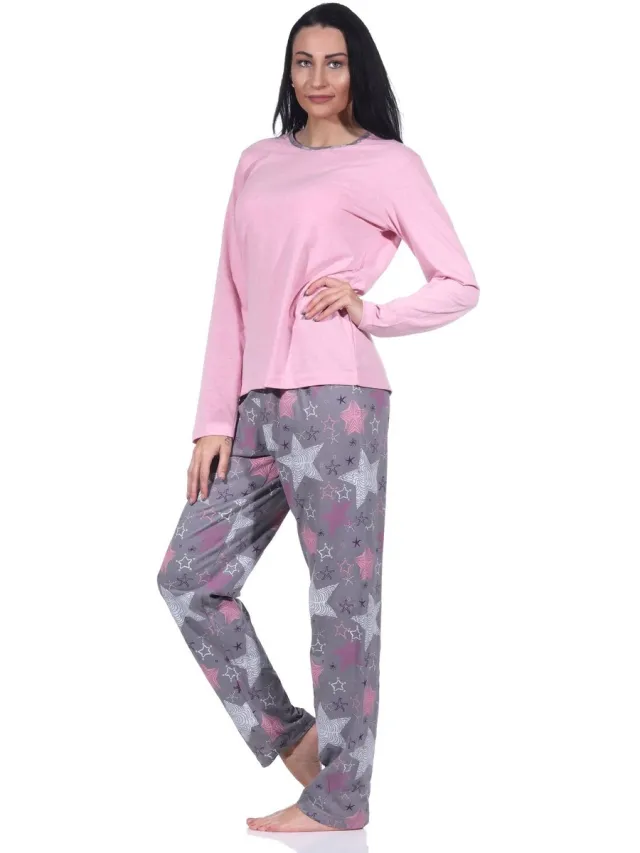 Normann damespyjama met lange mouwen en pyjamabroek in een prachtig sterrenpatroon rosa