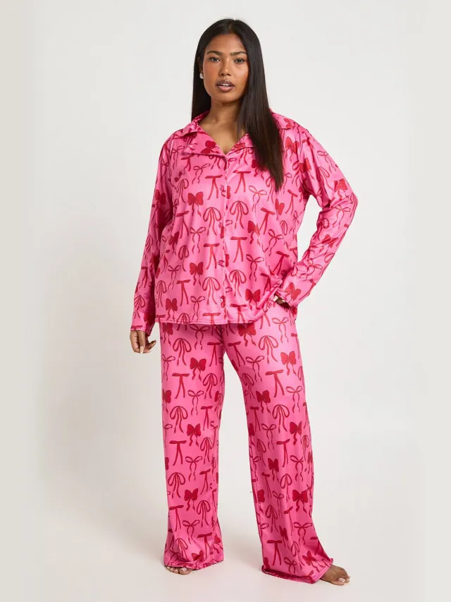 boohoo Dames Plus Strikprint Lange Mouw & Broek Pyjama Set Roze