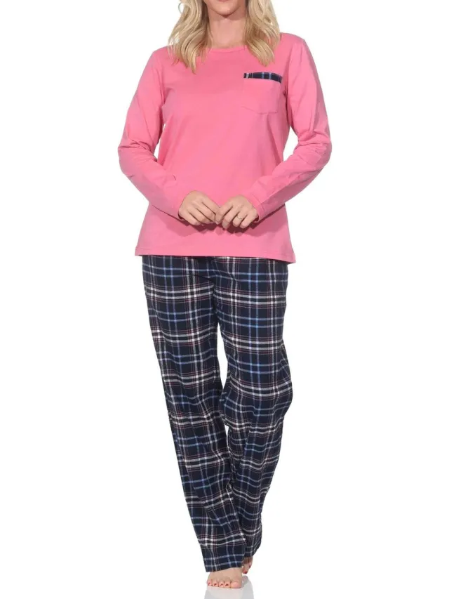 Normann lange damespyjama met geruite flanellen pyjama pink
