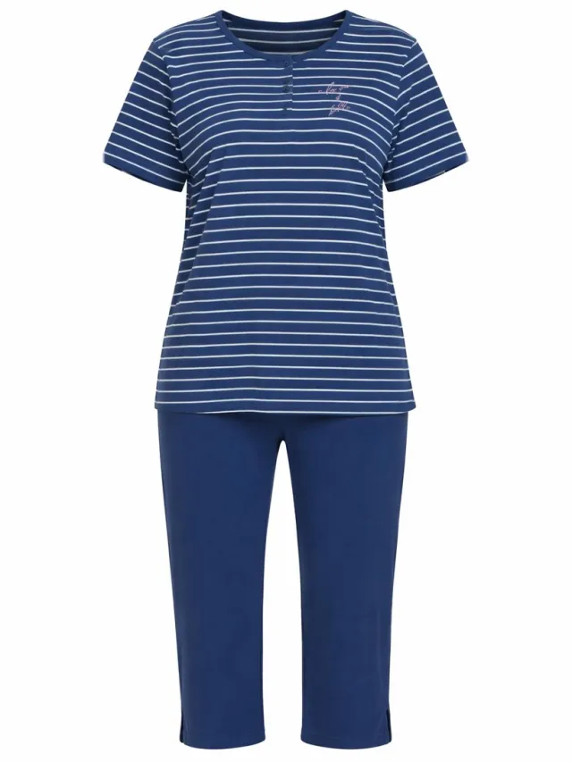 Comtessa Dames Pyjama - Katoen - Zomer - 7/8 broek -Blauw Gestreept Donkerblauw, Gestreept