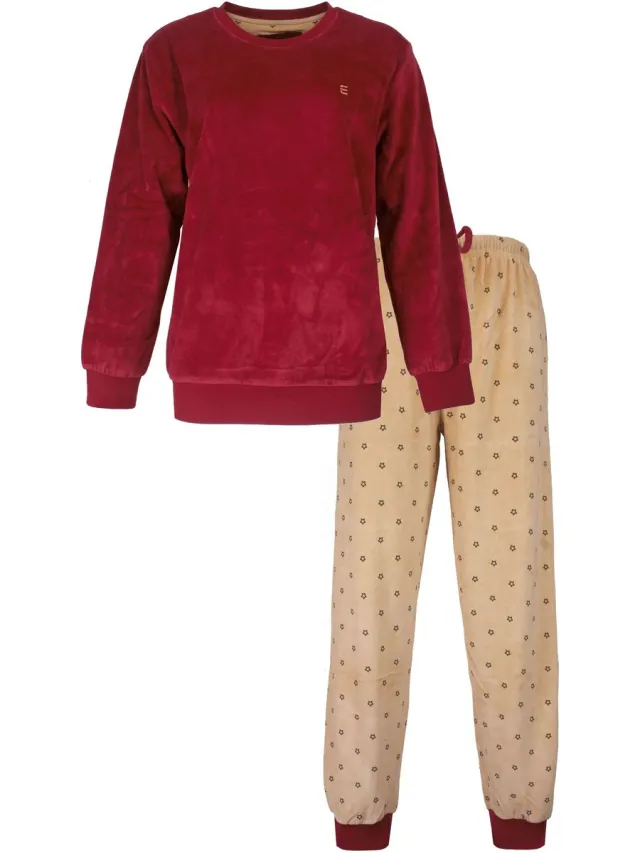 Irresistible Dames Pyjama - Lange Mouwen - Ronde Hals - Velours - Rood