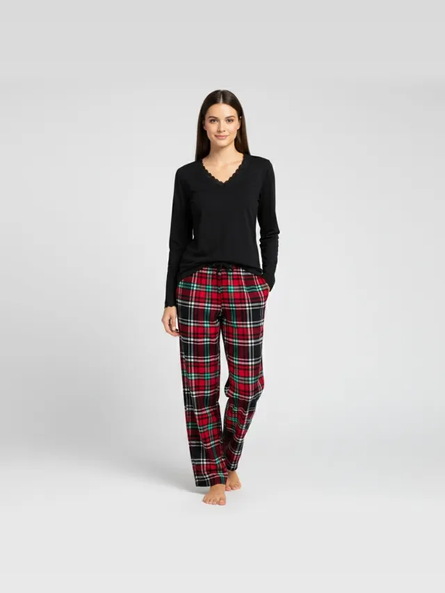 La V La-V pyjamaset voor dames met geruite flanel broek en V hals met kant contrast Zwart/Rood