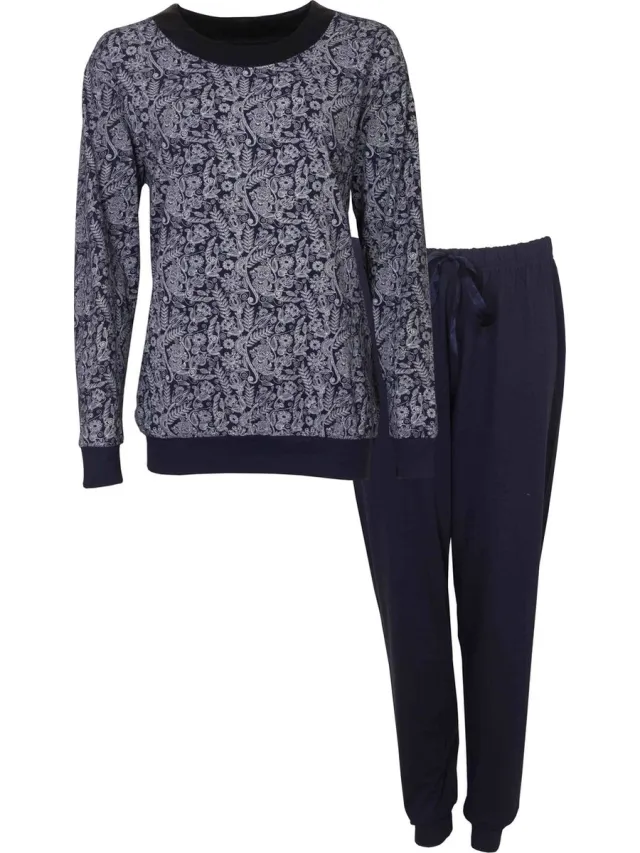 Medaillon Dames Pyjama - Katoen - Ronde Hals - Blauw