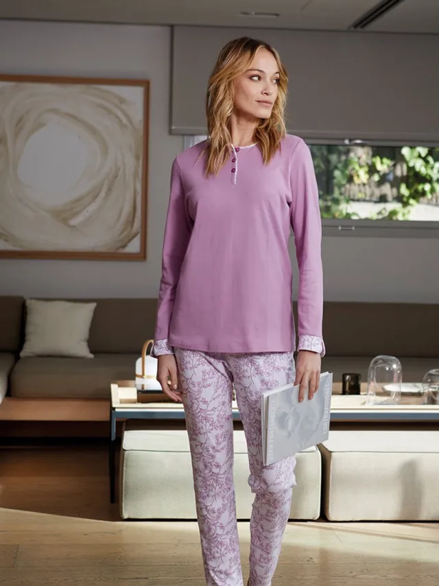Barandi Damespyjama "Eve" – Lange Mouwen – Comfortabele Katoenmix – Roze lila