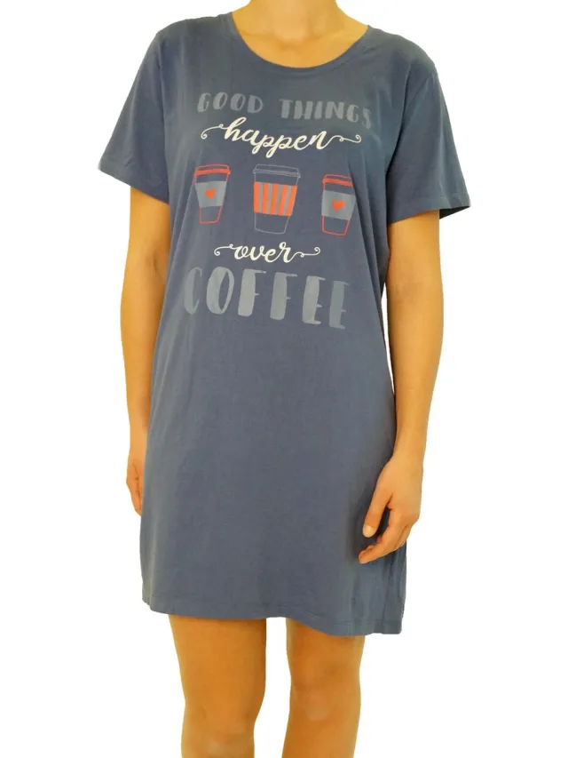 Gino Santi Bigshirt, Slaap T-shirt print Coffee Donker Blauw