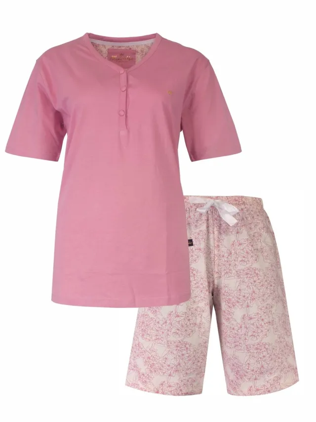 Medaillon Dames Shortama - Knoopsluiting - Pyjama Set - Roze