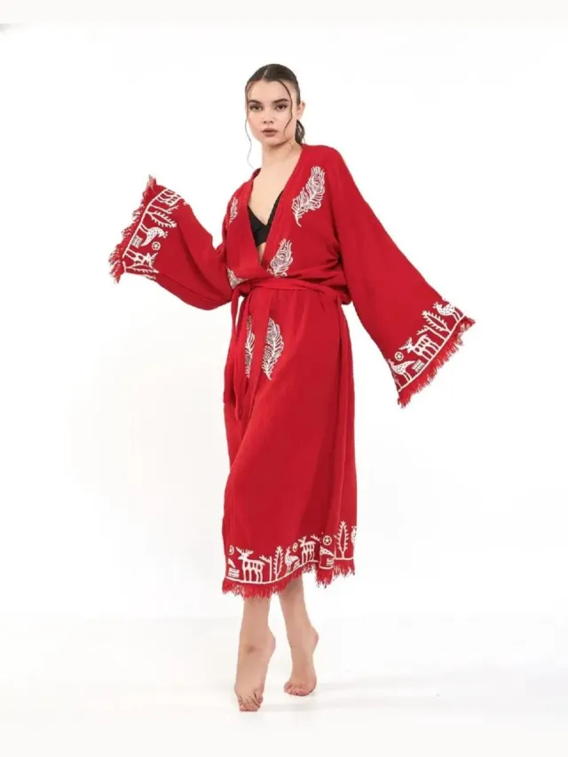 Trimita Hitit kimono badjas dames - 100% Turks katoen - mousseline - one size - rood
