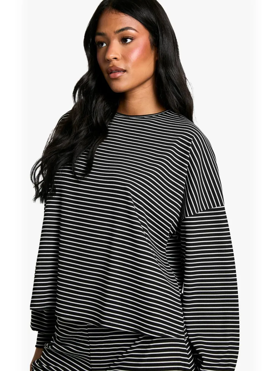 boohoo Dames Lange loungewear gestreepte top met lange mouwen & broek pyjamaset zwart, foto 3