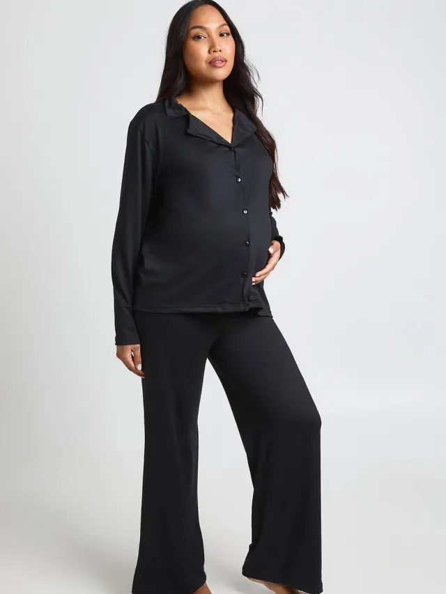 boohoo Dames Zwangerschaps pyjama set met lange mouwen top & pantalon Zwart