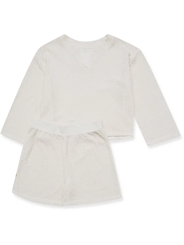 ESOTIQ Jessy - Damespyjamaset - Opengewerkt - Shirt met lange mouwen - Korte broek en sokken Wit