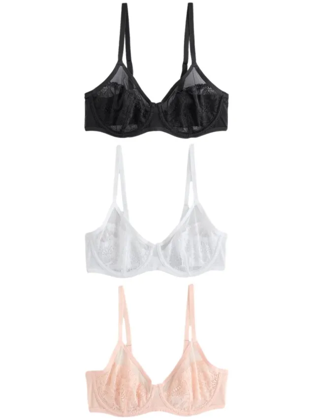 Next Dames - Set van 3 kanten beha's, zonder vulling, volledige cup - Zwart Black/Pink/White