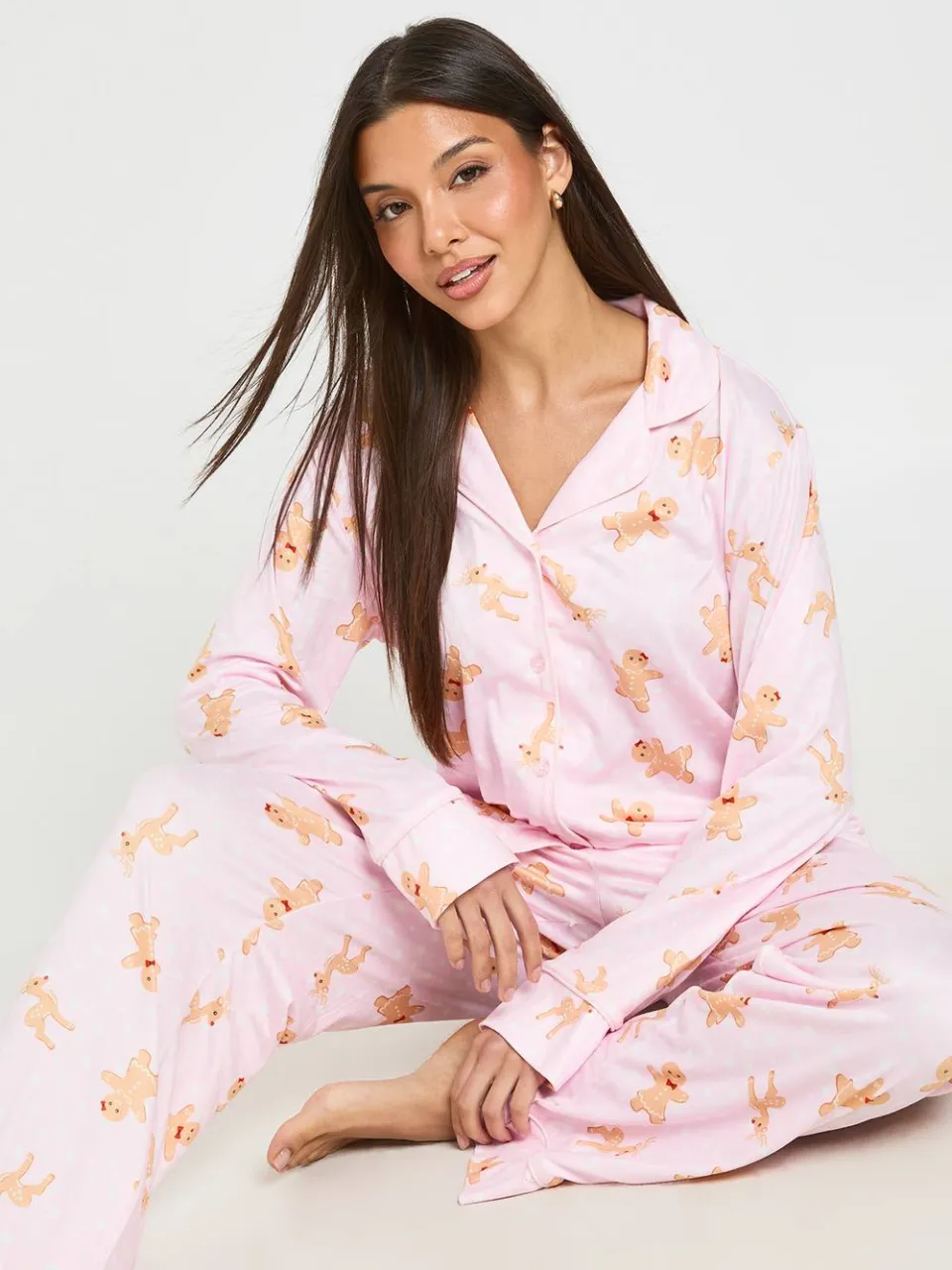 boohoo Dames Kerst Peperkoek Print Pyjama Set Met Paspeldetail Lange Mouwen & Broek baby roze, foto 3