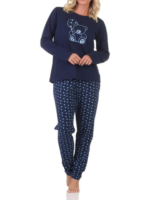 Normann damespyjama met lange mouwen en een schattig teddymotief navy