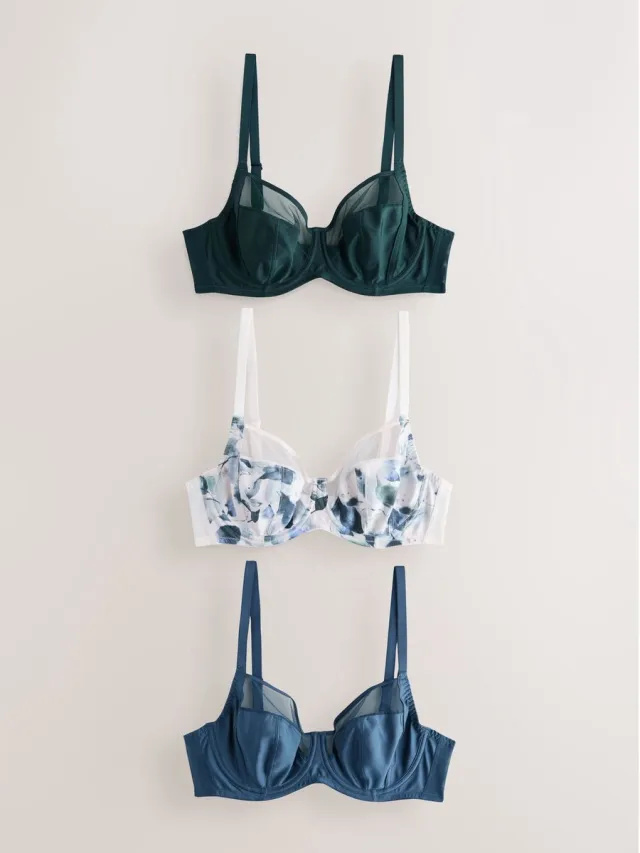 Next Dames - Set van 3 DD+ beha's zonder vulling met volledige cups en ondersteuning aan zijkant - Blauw Green/Navy Print