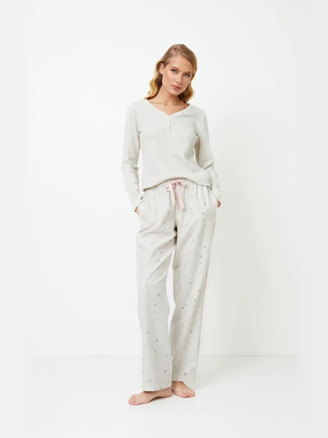 Aruelle Dames pyjamaset Doreen-T-shirt met lange mouwen-lange broek met sterrenmotief-lichtgrijs