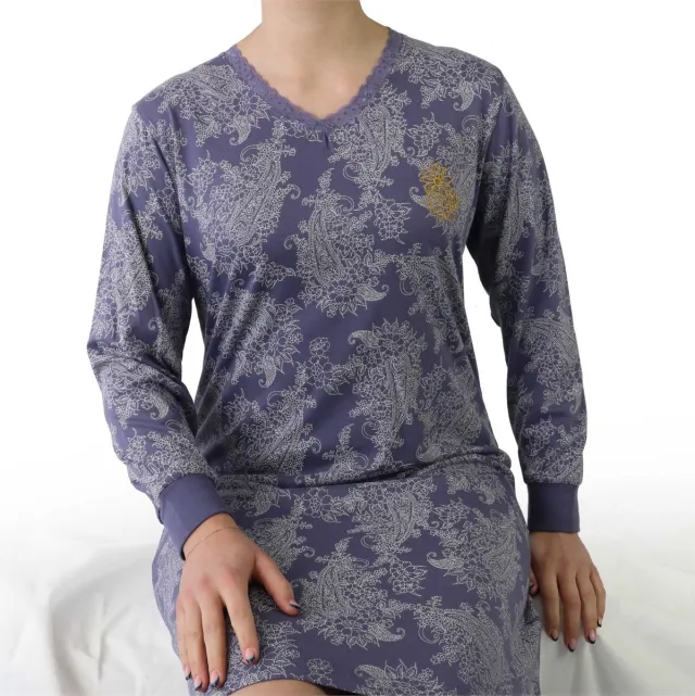 Medaillon Dames Nachthemd - Paisley Dessin - Lange Mouw - Lila paars