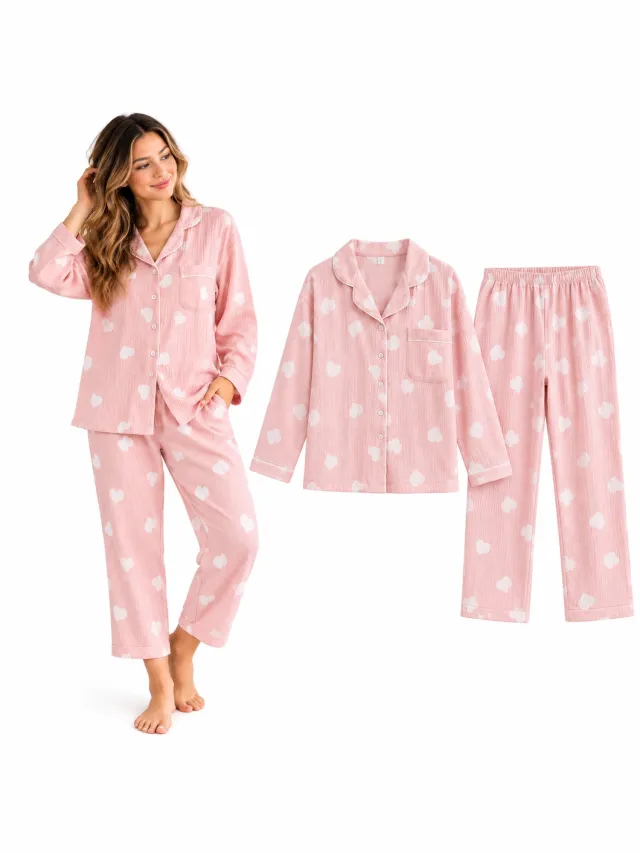 Mylinsé Dames Pyjama Set Lange Mouwen & Lange Broek - Roze met Hartjes - Maat L (valt als M) – Hydrofiel Katoen – Luchtig - Nachtkleding